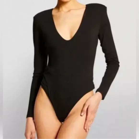 Good American Tops - Good American Black Low Down Deep V Bodysuit Large New Shoulder Pad Long Sleeve